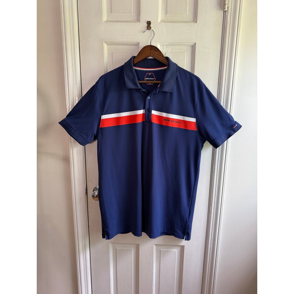 BMW Golfsport Men’s XL Polo Shirt Navy Blue Red White Stripe Performance EUC